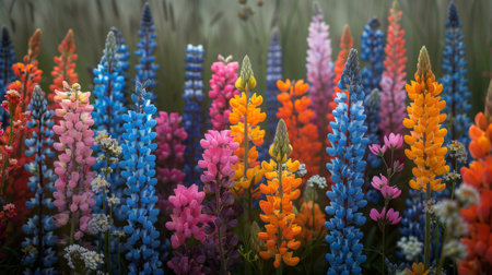 Vibrant lupine flowers in a field. Generative AIの素材