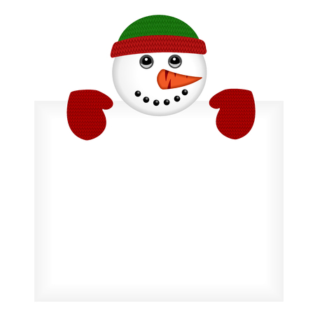 Snowman wearing knitted hat and gloves standing behind a blank banner isolated on whiteのイラスト素材