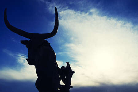 Bull statue constrasts the skyの写真素材