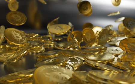 3D rendering, A rain of gold coins dollars and euros on a black monochrome backgroundの写真素材