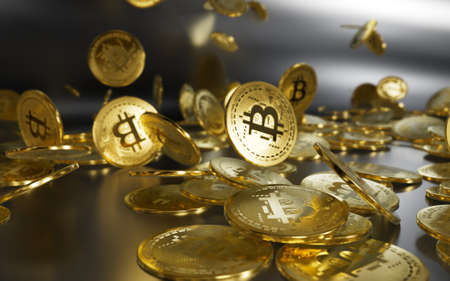 3D rendering, A rain of gold coins dollars and euros on a black monochrome backgroundの写真素材