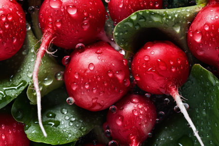 Fresh radishes with water drops, closeup. Healthy food background. Ai generated.