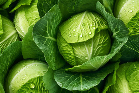 Fresh green cabbage with drops of dew. cabbage background. Ai generated.の素材
