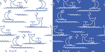 Seamless composition on the theme of the sea, ships, waves, whalesのイラスト素材