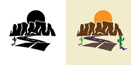 stylized illustration of the canyon road, cactus, against the setting sunのイラスト素材