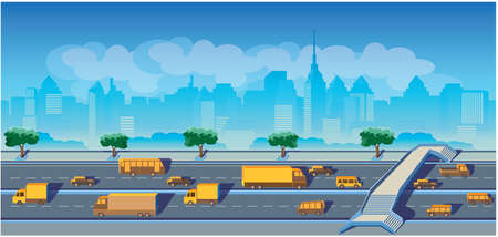stylized seamless horizontal illustration on the highway, on the background of the city. may be used in advertising, as a background, animation, etc.のイラスト素材