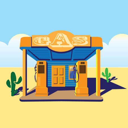 stylized illustration on the theme of road diners, old gas stations, travels, west, truckers, etc.のイラスト素材