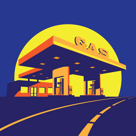 Stylized vector illustration on the theme of modern petrol station at night highwayのイラスト素材