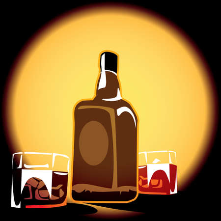 stylized illustration of a bottle of whiskey and  glasses with ice cubes with the effect of backlitのイラスト素材