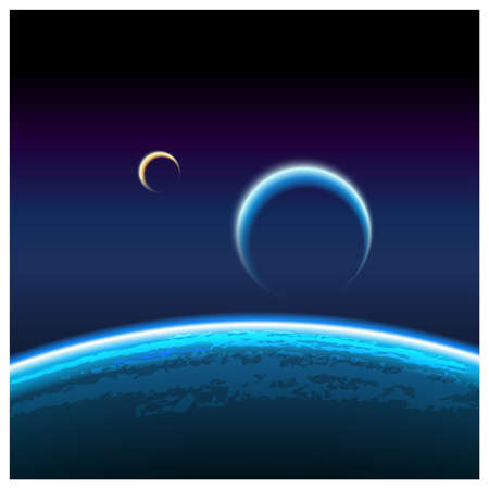 Realistic vector illustration of a view of the orbit of the planet and its satellite from space. can be used in your design, advertising production, animation, etc.のイラスト素材