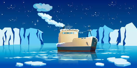 stylized vector illustration on the theme of maritime transport and sea travel. ship in the ice in northern waters. Seamless horizontalのイラスト素材