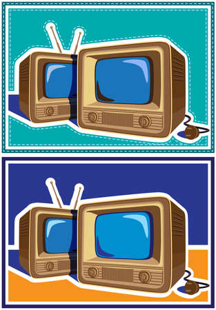 two variants of stylized vector illustration on the theme of old school electronics, televisions, telecommunications and broadcastingのイラスト素材