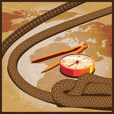 Stylized vector illustration on the theme of travel, adventure, explorers, treasure, etc.map, compass, rope, navigational equipmentのイラスト素材