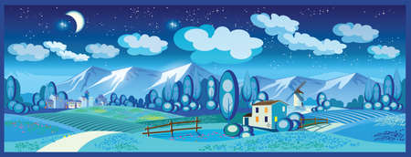 stylized vector illustration on the theme of the village, farming, beautiful landscape of fields and mountains. seamless horizontally if neededのイラスト素材