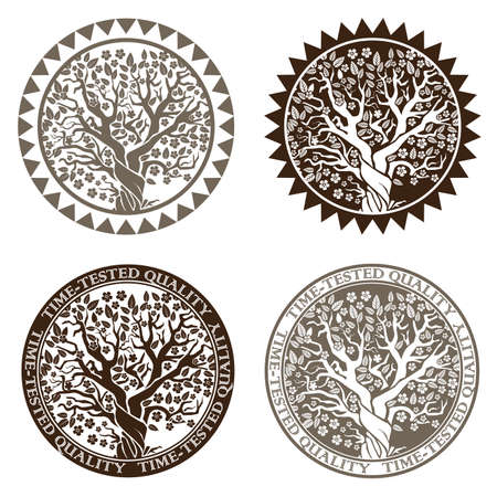 Stylized vector illustration. symbol or stamp blossoming tree symbolizes prosperity and quality proven over the yearsのイラスト素材
