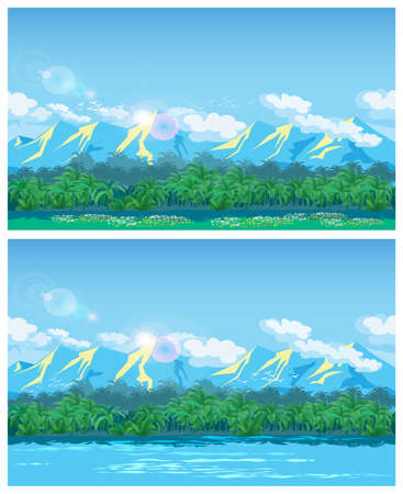 Two stylized vector illustration of the jungle and mountains in the background. seamless horizontally if neededのイラスト素材