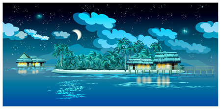 stylized vector illustration of tropical islands at night with bungalows, pier and beach. seamless horizontally if neededのイラスト素材
