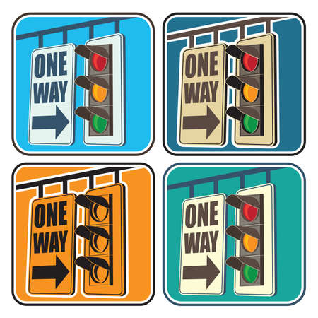 Stylized vector illustration on the theme of traffic in the city. Traffic lights and a signのイラスト素材