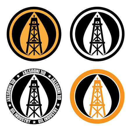 Symbol  of an oil company. Oil rig and the stylized drop of oil on the background of the sun.のイラスト素材