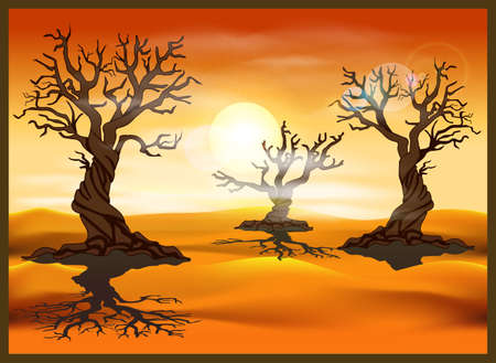 Stylized vector illustration of a desert landscape with dead trees. Seamless horizontally if neededのイラスト素材