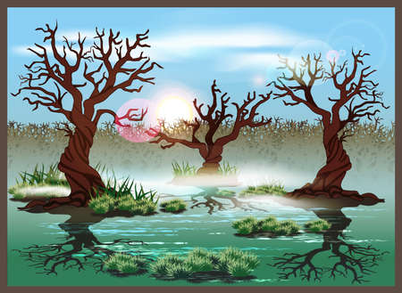 Stylized vector illustration marshland. Seamless horizontally if neededのイラスト素材