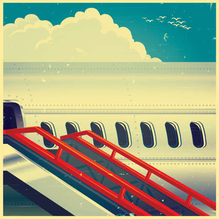 Stylized vector illustration on the theme of civil aviation. Jet airliner on an old poster, ready to take passengersのイラスト素材