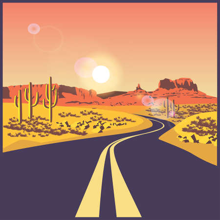 stylized vector illustration on the theme of the road, travels and trip. Desert road.のイラスト素材