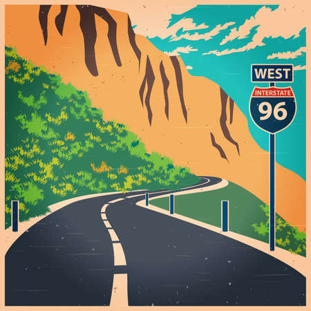 Stylized vector illustration on the theme of travel and transport. Winding mountain roadのイラスト素材