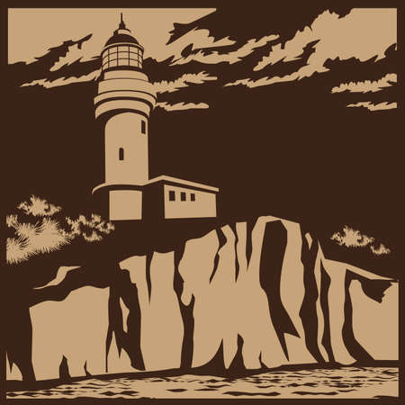Stylized vector illustration of a lighthouse on a cliffのイラスト素材