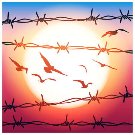 Stylized vector illustration of barbed wire and flying birds in sunlightのイラスト素材