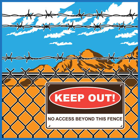Stylized vector illustration of restricted area. A fence with barbed wire and warning signのイラスト素材