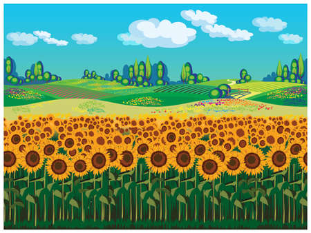 Seamless horizontal illustration of scenic landscape with sunflowersのイラスト素材