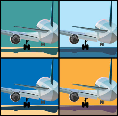Stylized illustration on the theme of aviation. Big airplane is landing or to take offのイラスト素材