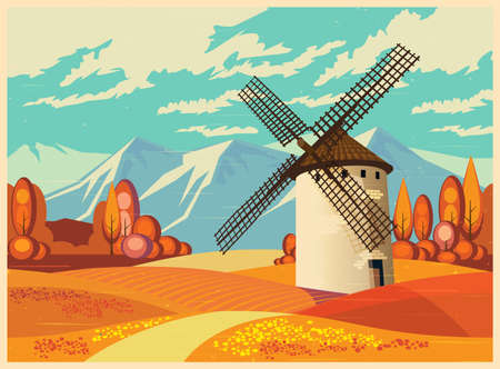 Stylized vector illustration on the theme of European landscapes in autumn old poster style. Windmills, fields of Provence, the Alps, etc. seamless horizontally, if necessary.のイラスト素材