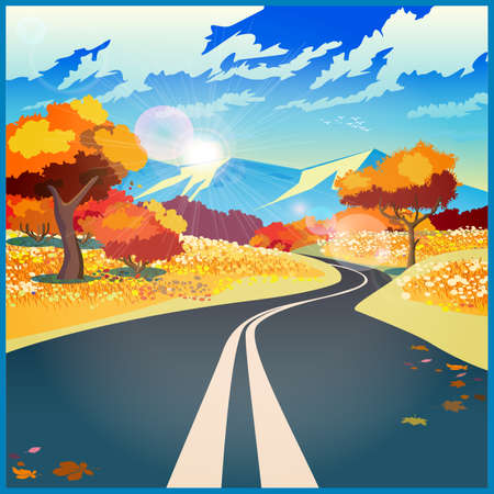 Stylized vector illustration on the theme of road, adventure and Journey. Autumn road through the fields to the mountainsのイラスト素材