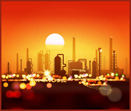 Stylized vector illustration of an industrial landscape at sunset. Seamless horizontally if neededのイラスト素材