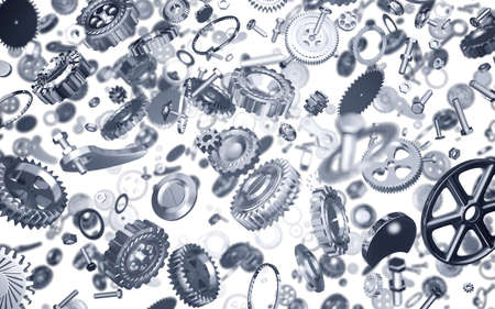 3D rendering of many mechanical parts in different planes on a white backgroundの写真素材