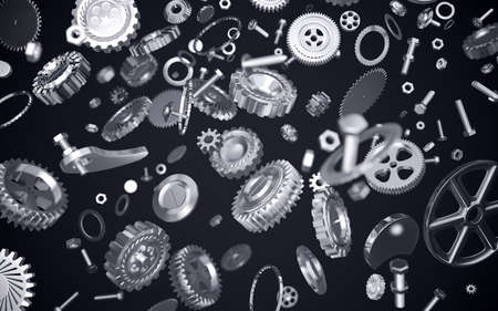 3D rendering of mechanical parts in different planes on a dark backgroundの写真素材