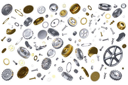 3D rendering of Many silver and gold mechanical parts in different planes on a white background