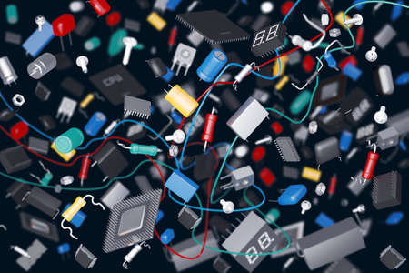 3D render of a variety of electronic components on a dark backgroundの写真素材