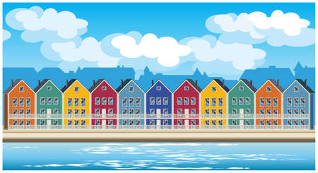 Stylized seamless horizontal vector illustration on the theme of the town and colorful townhousesのイラスト素材