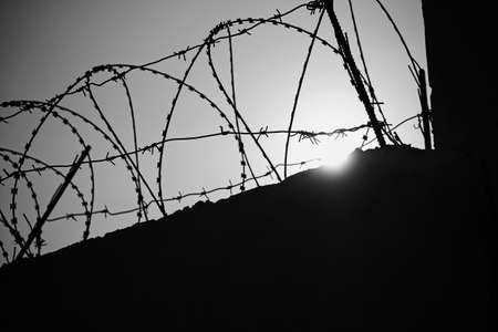 Black and white photo of a wall with barbed wireの写真素材