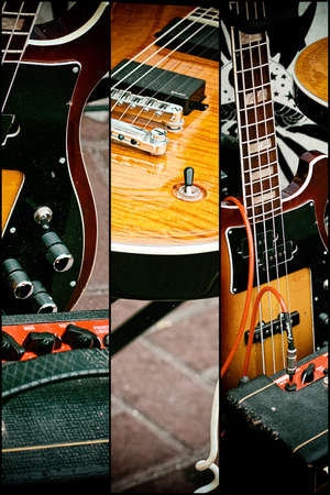 Photo collage old guitar and amplifier in vintage style.の写真素材