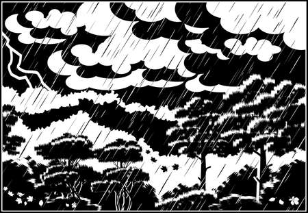 Stylized vector illustration of a thunderstorm in an autumn forest.のイラスト素材