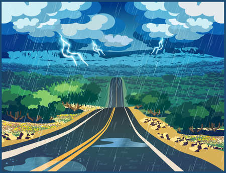 Stylized vector illustration of a road through the valley on a thunderstorm dayのイラスト素材