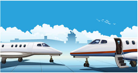 Stylized vector illustration on a theme of private aviation. Modern business jets at the airportのイラスト素材