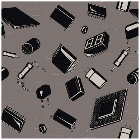 Stylized seamless in all directions illustration of electronic components and circuitry in retro...