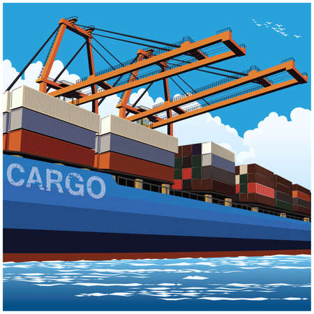 Loading of containers by port cranes on a large container carrierのイラスト素材