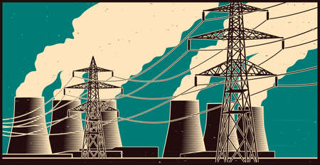 Power station and high-voltage lines in retro poster styleのイラスト素材