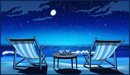 Two chaise lounges, glasses of whiskey on the seashore at nightのイラスト素材
